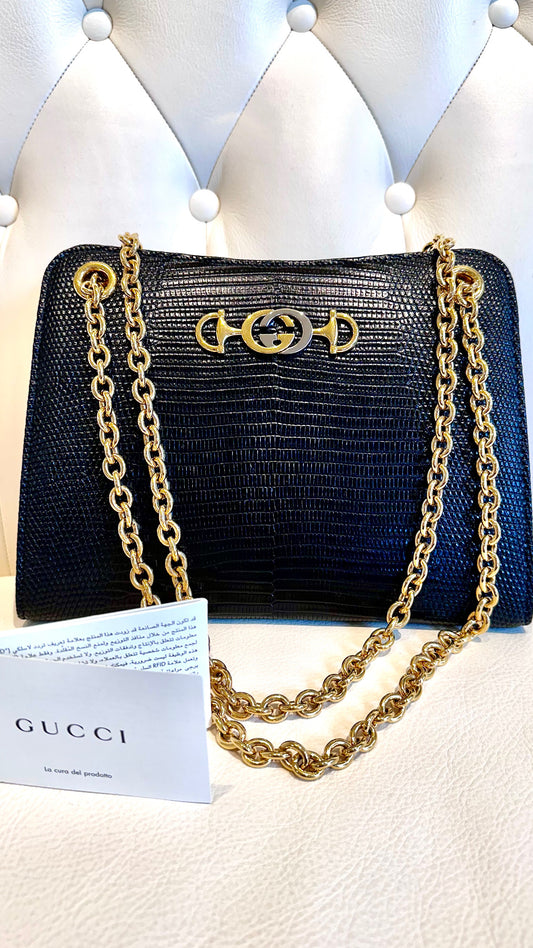 Gucci Zumi borsa in pregiata pelle di lucertola metallo oro/argento