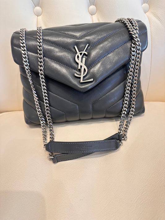 Ysl borsa Loulou in pelle grigia metallo silver