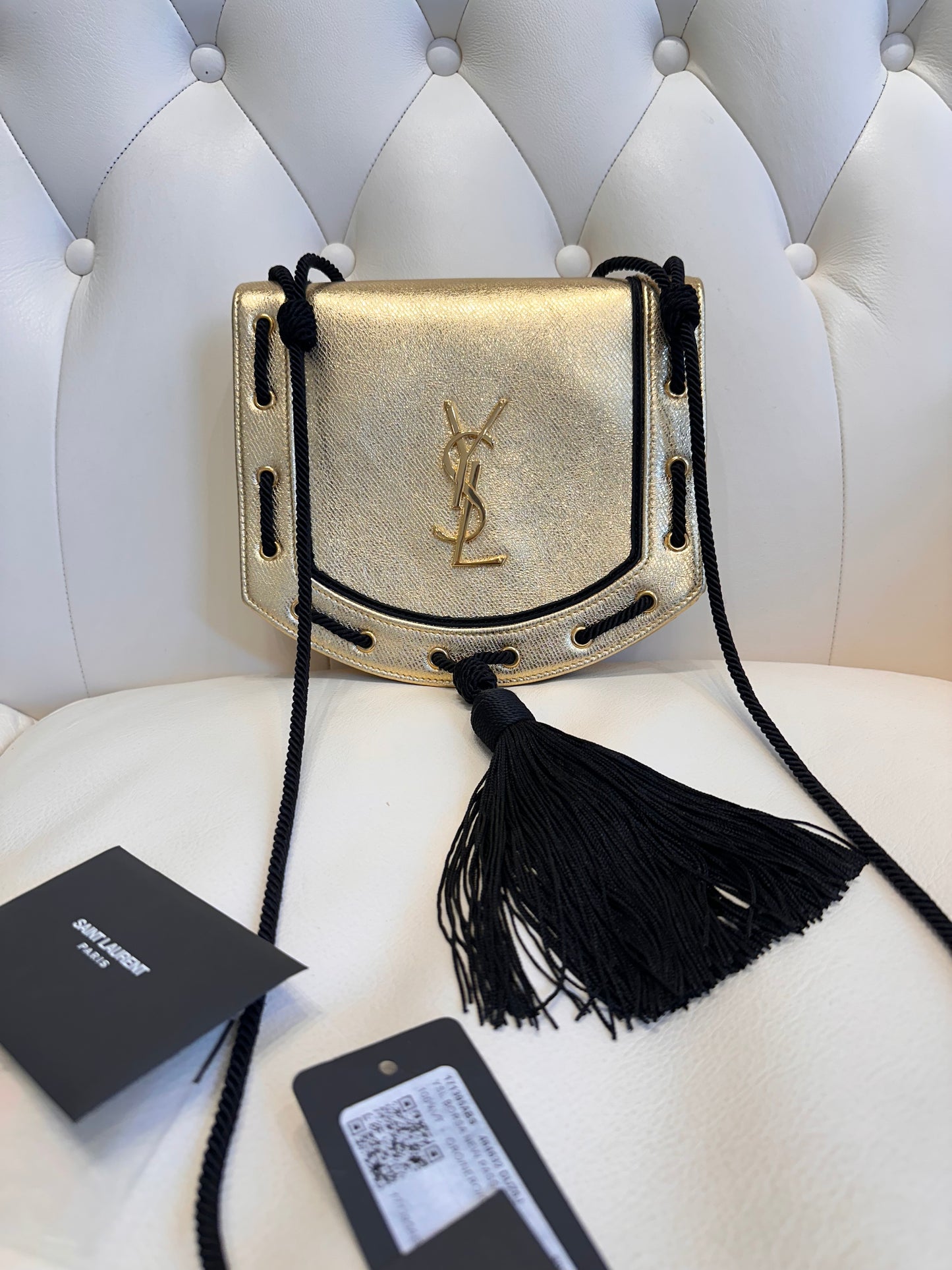 Ysl borsa Fetish in vitello oro e tracolla in passamaneria