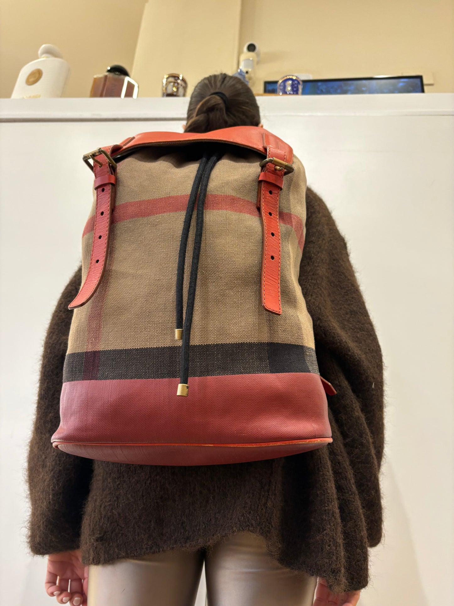 Burberry zaino tela check e pelle rossa