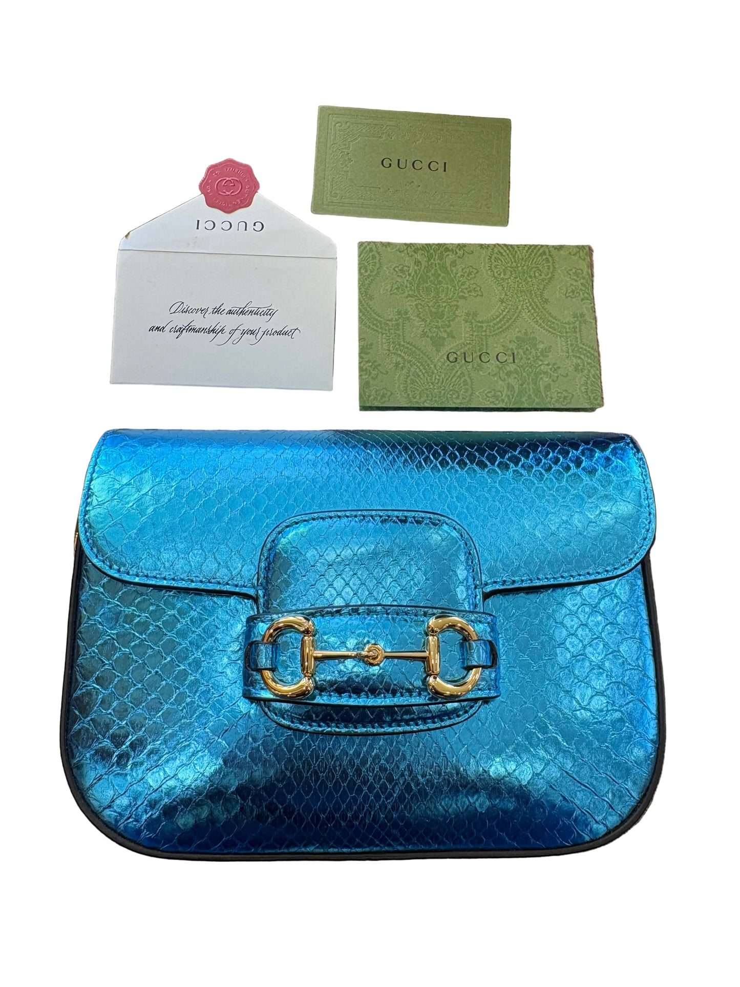 Borsa a Tracolla Gucci Horsebit 1955 Mini in Pitone Azzurro Metallizzato. Nuovo