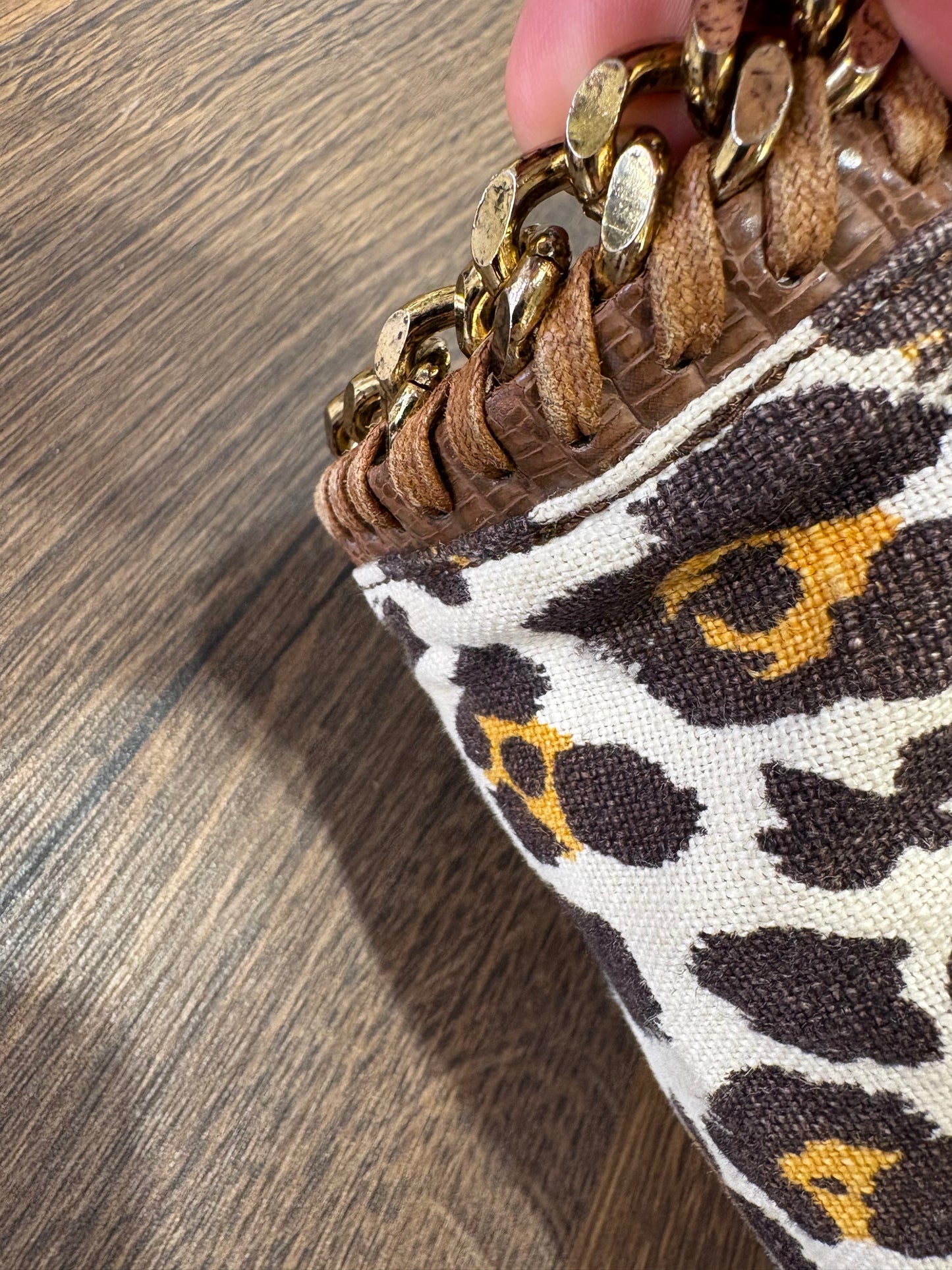 Borsa Stella McCartney Falabella Fold-Over Tote in Tela Canvas Leopardata con Catena Dorata