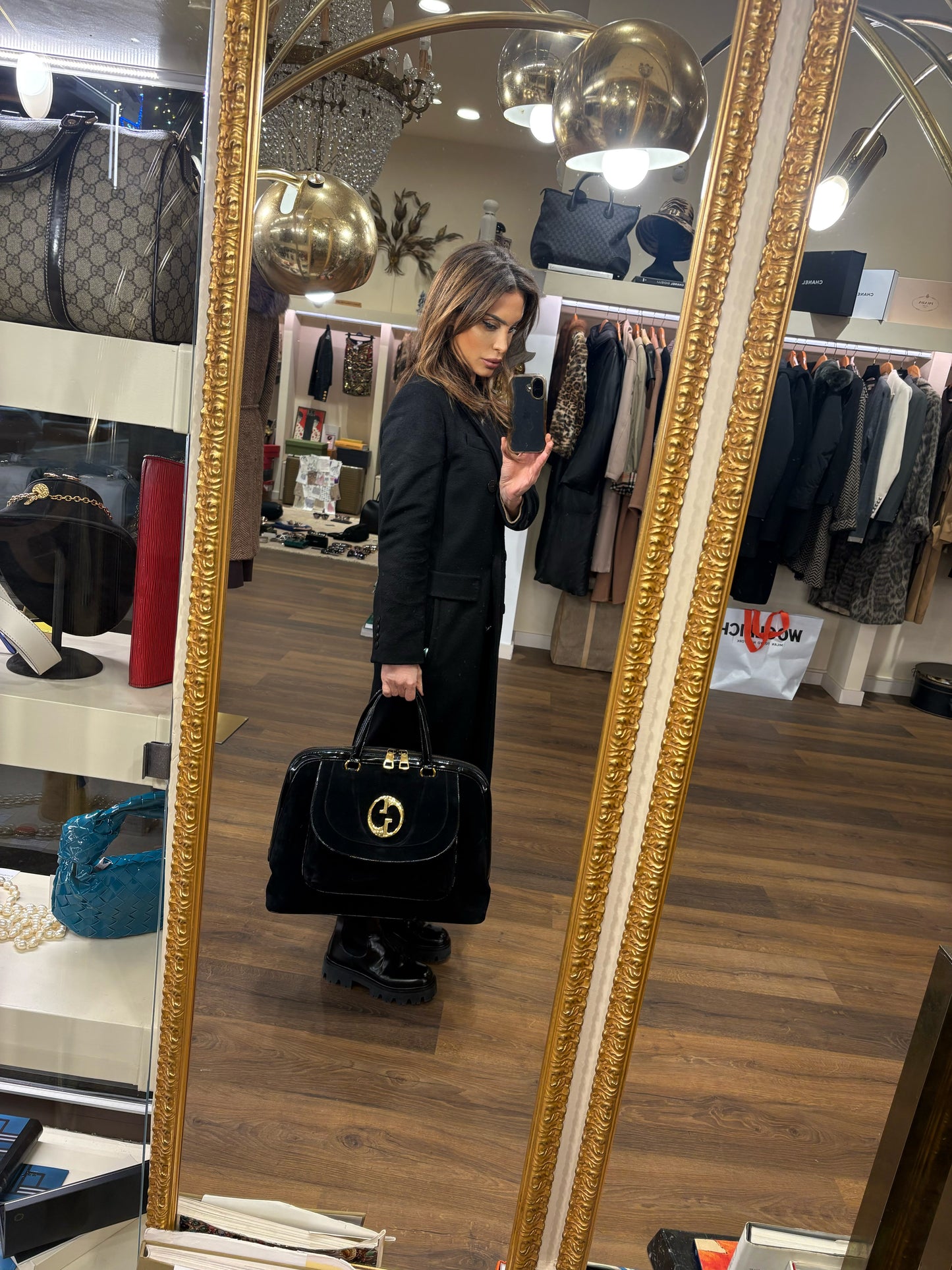 Gucci borsa a mano in suede nero metallo dorato