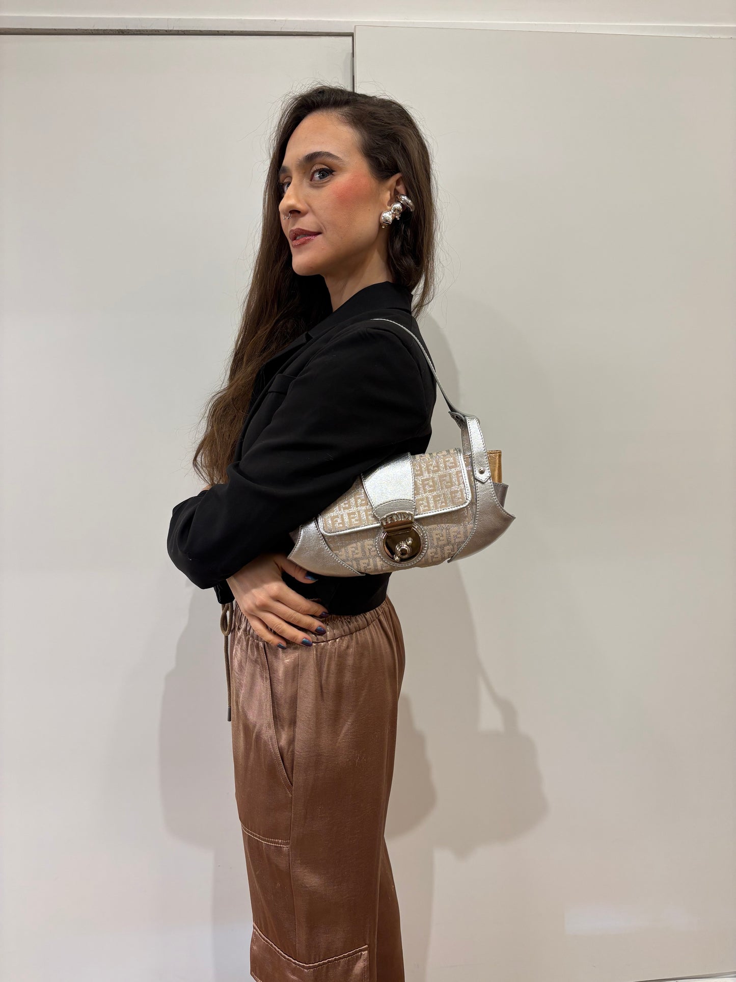 Fendi borsa Tuc ( compilation Baguette ) in tela argento e pelle argento/oro